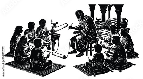 Billede på lærred Black and white vector graphic illustration depicting a wise teacher instructing a group of attentive students who are sitting on rugs while writing on tablets inside an ancient stone room