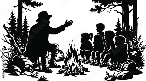 Foto Detailed vector illustration of a storyteller sitting on a log near a burning ca