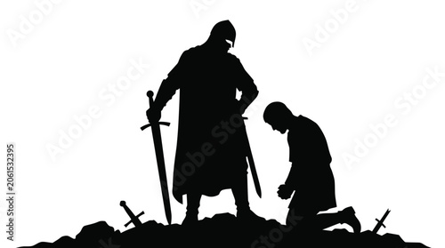 Foto Vector illustration depicting a noble medieval knight standing tall with a sharp