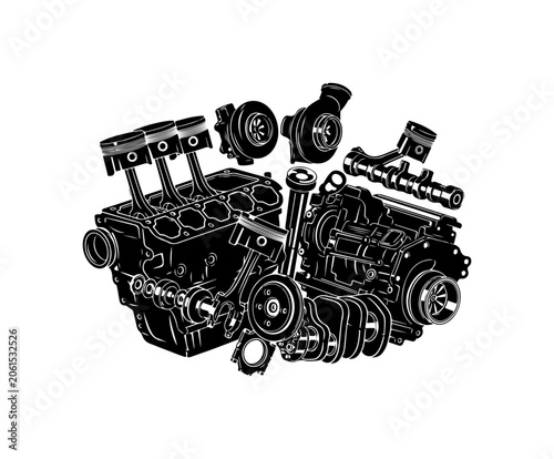 Black and white engine parts, car engine components, mechanical illustration, vector graphics