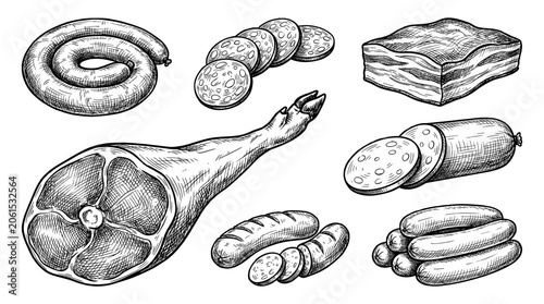 Bild auf Leinwand Vintage engraved assortment of sausage ham bacon and salami