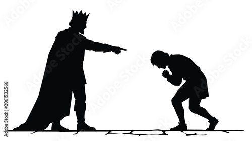 Photos Black and white vector graphic illustration depicting a powerful king wearing a crown pointing his finger at a humble kneeling subject in a dramatic display of royal authority and power