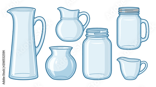 Bild auf Leinwand Set of transparent glass pitchers, jars and cream jug illustration