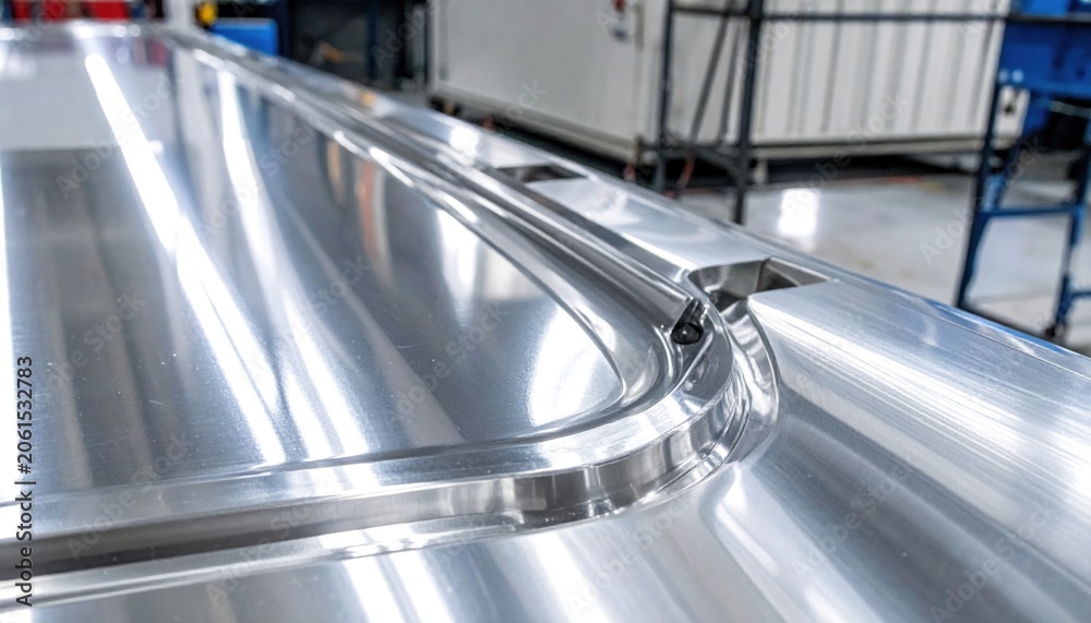 Fototapeta premium Highly Polished Chromium Plated Metal Surface Reflecting Distorted Light Patterns in an Industrial Setting