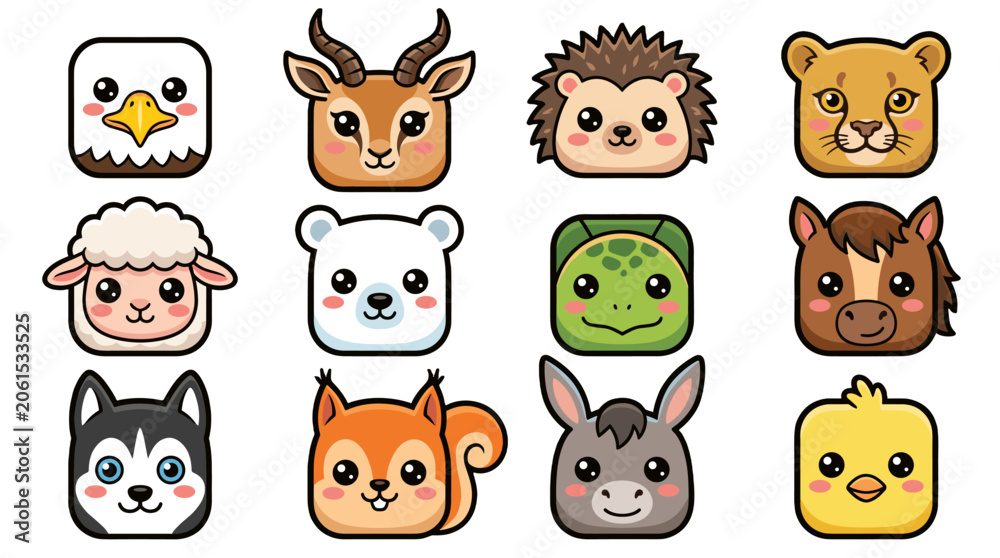 Fototapeta premium Cute cartoon animal face icon set with twelve square avatars
