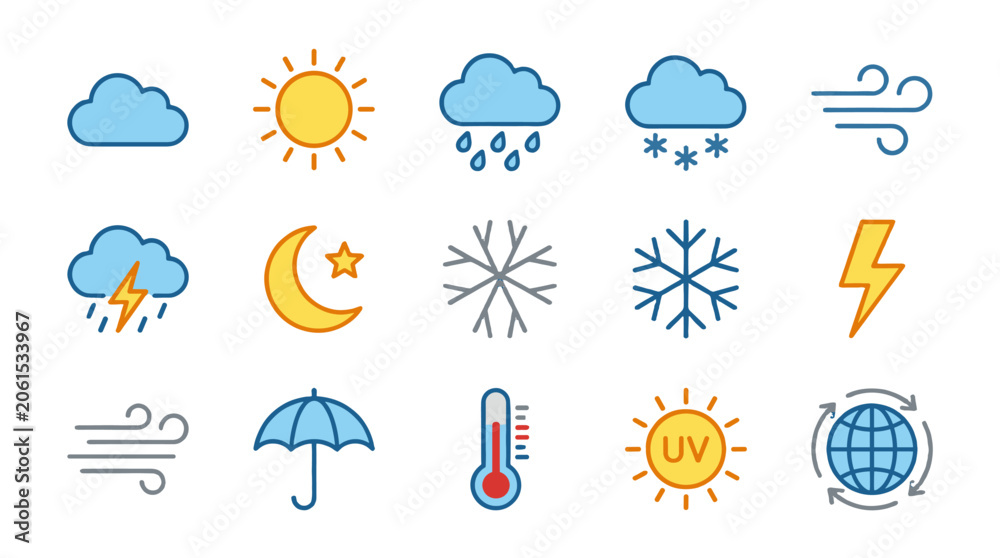 Obraz premium Set of colorful weather icons with cloud sun rain snow and wind