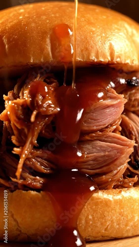 Close up of pulled pork sandwich with melted toppings
