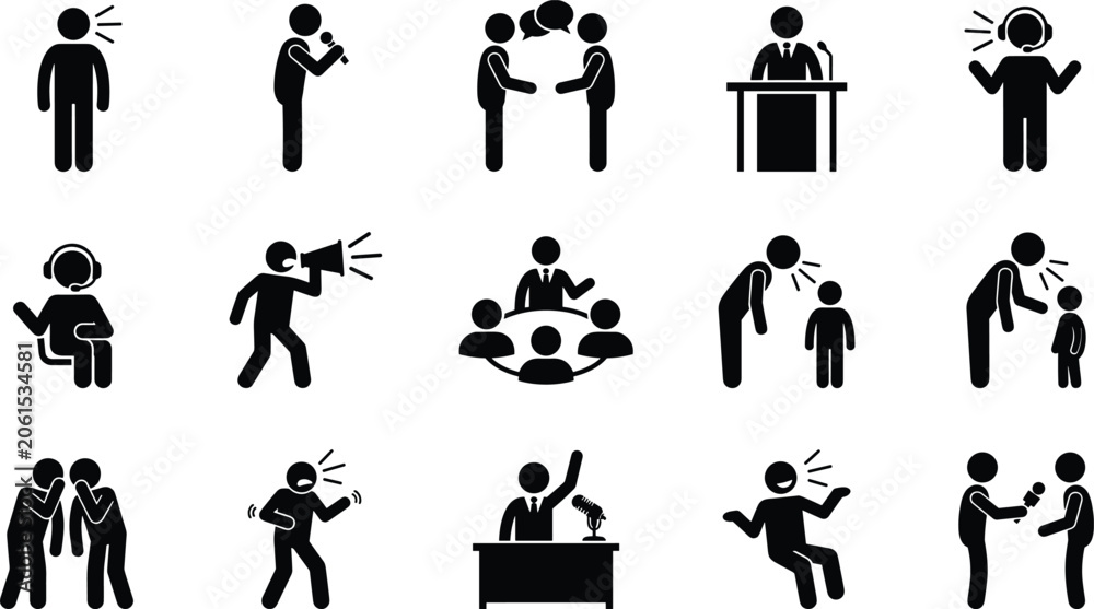 Obraz premium Set of 15 black and white communication and public speaking icons