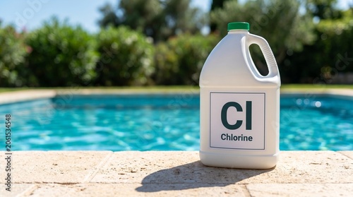 A bottle of chlorine stands by a shimmering blue swimming pool on a sunny day