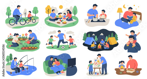 A comprehensive bundle of flat vector illustrations depicting various indoor and outdoor family weekend activities, including camping, cooking, fishing, gardening, and bonding time together