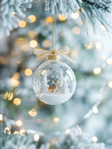 A transparent christmas ornament with a golden bow hanging on a snowy tree branch with lights and a small reindeer inside the ornament