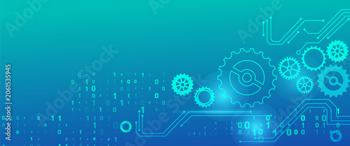 Foto Abstract technology background with binary code 0, 1, gears, and circuit board lines for digital data, engineering, and innovative systems