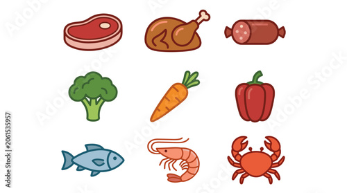 Фотография Set of meat seafood and vegetable food icons in flat style
