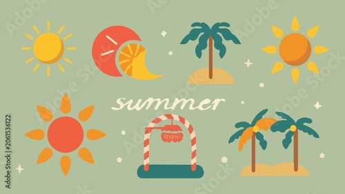 Template  summer element with flat design featuring vibrant colors and simple shapes, incorporating illustrations of suns, beaches, or palm trees