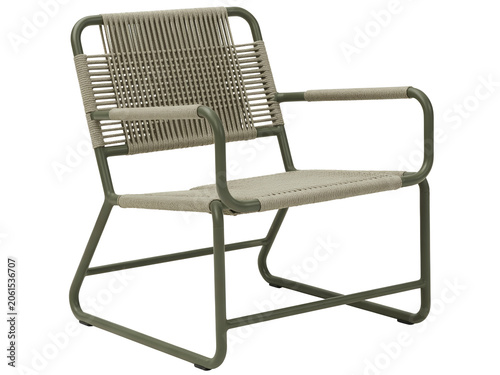 Modern outdoor lounge armchair with green metal frame and woven rope seat isolated on white background