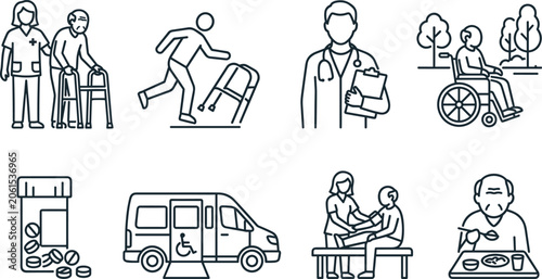 Outline Elderly Care and Senior Healthcare Vector Set with Doctor, Wheelchair, Medicine, and Assisted Living Icons
