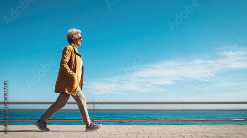 Lifestyle image featuring senior woman walking energetically by the sea on a bright coastal promenade. Ideal for wellness campaigns, fitness promotion, aging active visuals