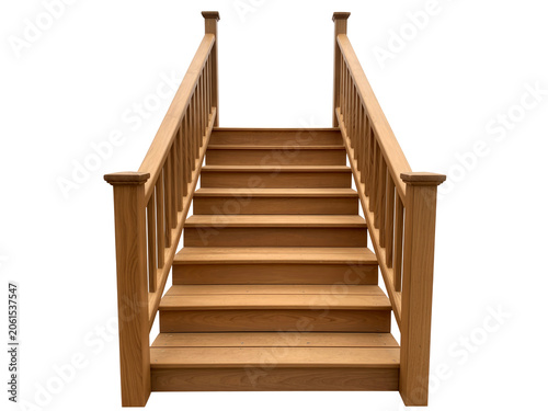 Front View of Classic Wooden Staircase with Handrails Isolated on White Background for Architectural Design Projects