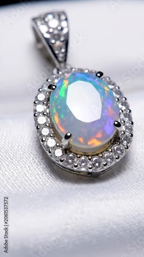 Opal gemstone ring with diamond halo on soft fabric background