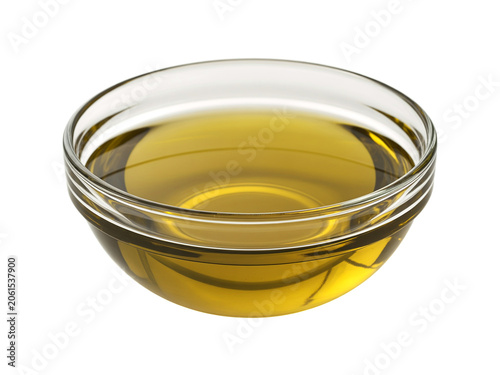 A clear, shallow glass bowl filled with golden yellow oil, likely olive oil, against a plain white background, perfect for culinary or health-related visuals