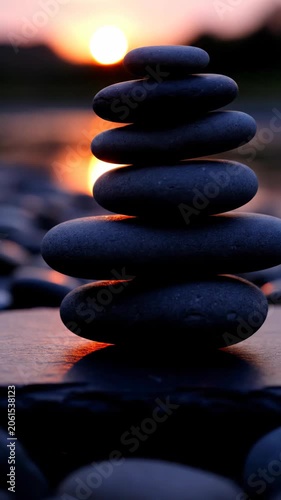 Stacked smooth stones at sunset with warm glow