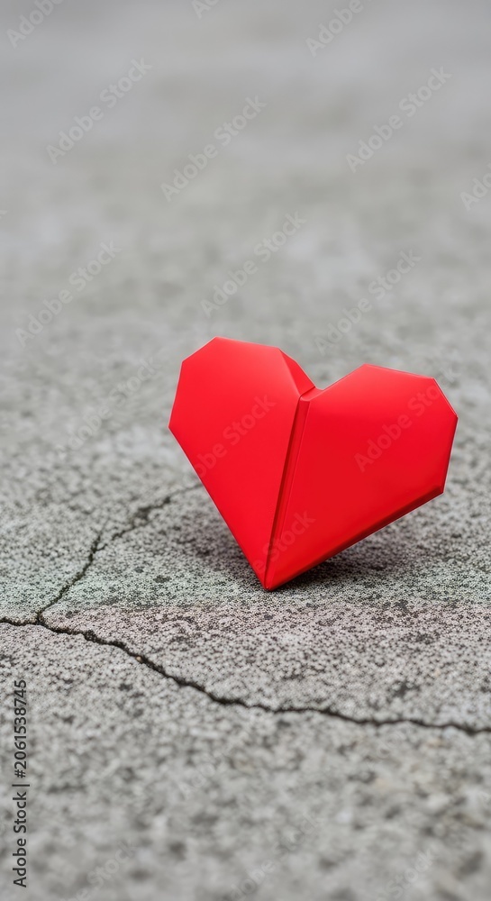 Fototapeta premium A bright red paper origami heart sits on a rough, weathered surface of cracked gray concrete, highlighting a deep symbolic contrast, heart, cracked, vulnerable
