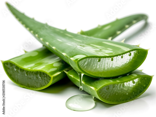 Fresh Aloe Vera Plant Slices with Gel Droplets on a White Background, a Healthy and Natural Ingredient