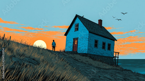 Man standing on grassy hill watching sunset near coastal cottage