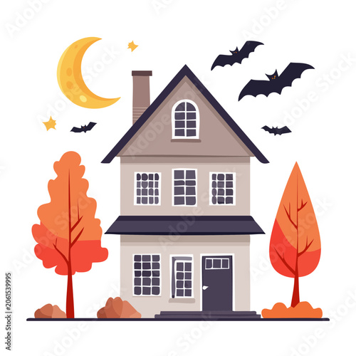 Haunted house with bats and autumn trees illustration
