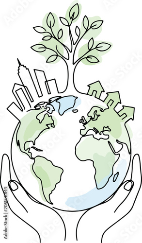 Hands Holding Earth with Green City and Trees Environmental Vector Illustration