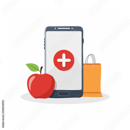 Smartphone with medical cross, apple, and shopping bag illustration