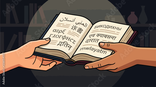 Fotografie Two hands holding an open book with text in multiple languages.