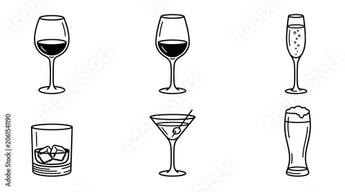 Set of Hand-Drawn Cocktail and Wine Glasses Icons
