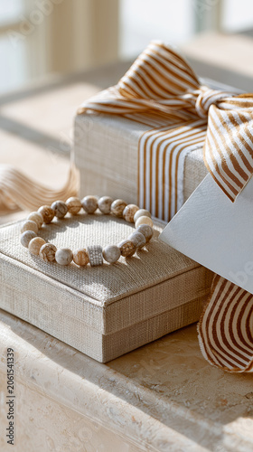 Luxury Gift Box with Ribbon and Elegant Jewelry Bracelet for Premium Celebration, Luxury Gift Box with Ribbon for Holiday Gifting, Wedding Present, Birthday Surprise and Luxury Lifestyle Concept