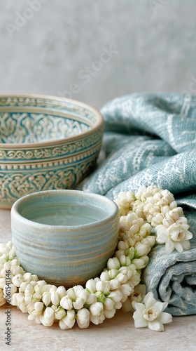 Jasmine Spa Wellness Still Life with Ceramic Bowl, Soft Linen and Fresh Jasmine Blossoms, Jasmine Spa Wellness Still Life for Luxury Relaxation, Aromatherapy Ritual and Holistic Self Care Concept