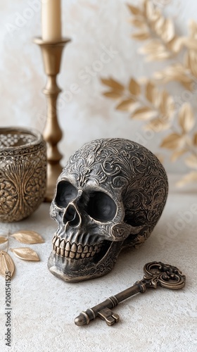 Ornate Skull and Antique Key with Vintage Engraved Details and Gothic Still Life Styling, Ornate Skull and Antique Key for Dark Academia Decor, Mystery Symbolism and Victorian Gothic Art Concept