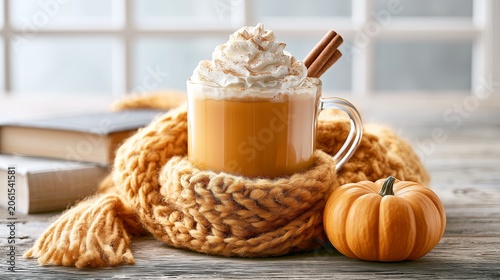 Pumpkin Spice Latte Cozy Autumn Drink with Whipped Cream, Cinnamon Stick and Knitted Scarf, Pumpkin Spice Latte Cozy Autumn Drink for Fall Season Comfort, Hygge Lifestyle and Seasonal Beverage Concept