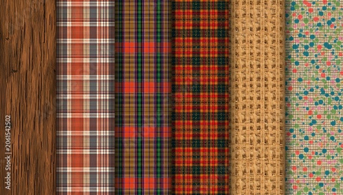 This graphic presents a stylish collection of six seamless textile fabric patterns arranged side-by-side in vertical panels. The bundle showcases a warm, rustic, and traditional autumn or winter aesth