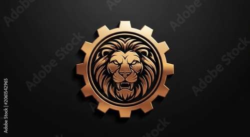 Golden lion head inside a metallic gear wheel.