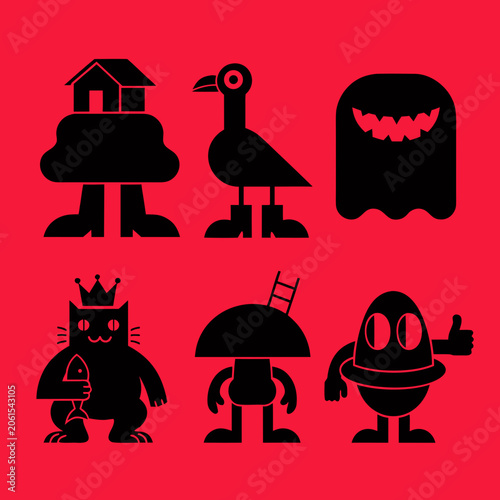 Collection Of Black Silhouette Animal And Object Icons On Red Background