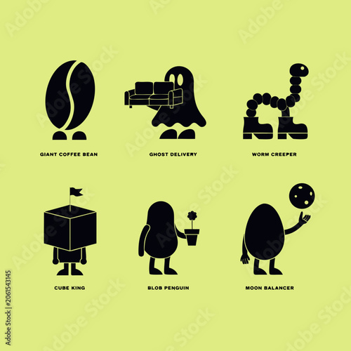 Six Black Silhouette Character Icons On Pale Yellow Background
