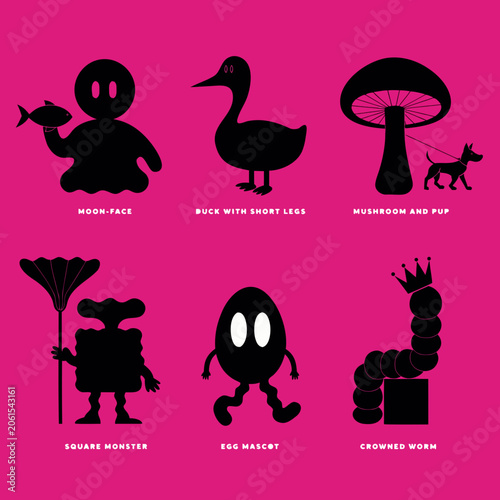 Silhouettes Of Cartoon Animals And Plants Black On Pink Background