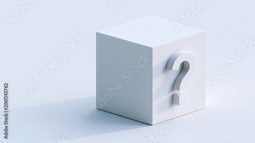 Conceptual background: Minimalist 3D cube with question mark on side
