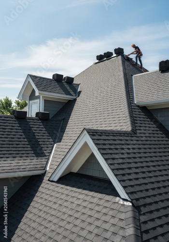 New asphalt shingles are installed on a steep residential roof under a bright sky, showcasing expert craftsmanship and construction safety, daylight, material, craftsmanship