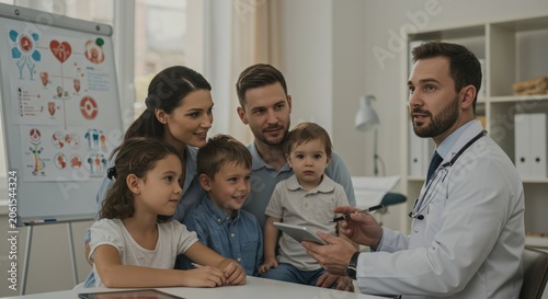 Family in doctors office setting.