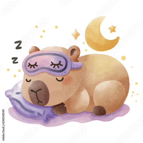 Cute capybara with wings flying in the cloudy sky, watercolor illustration. Dreamy fantasy animal vector.