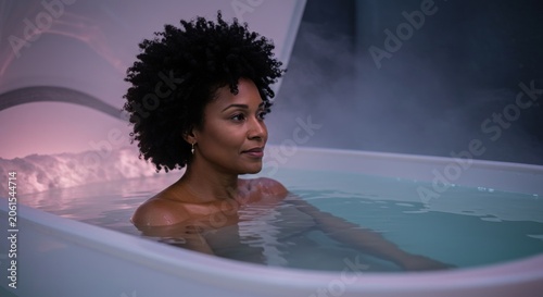Woman relaxing in bathtub water.
