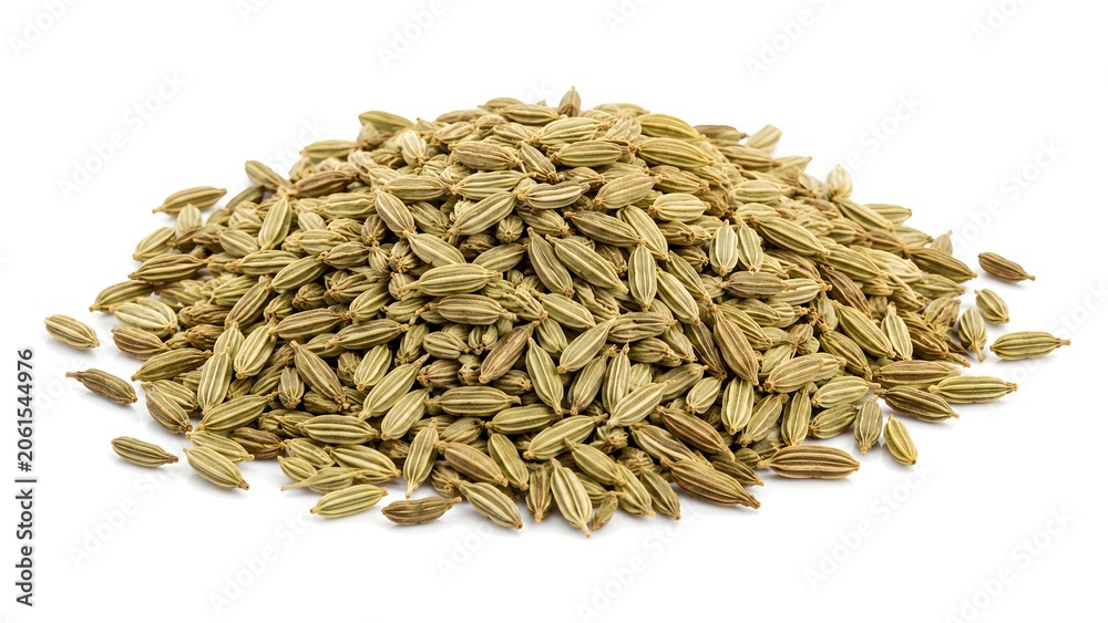Fototapeta premium Fennel Seeds in Small Mound with Striped Texture on White Background
