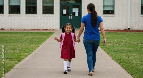 Woman and child walking school.