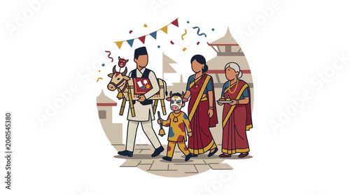 Foto Nepalese Family Celebrating Gai Jatra Festival Traditional Costume